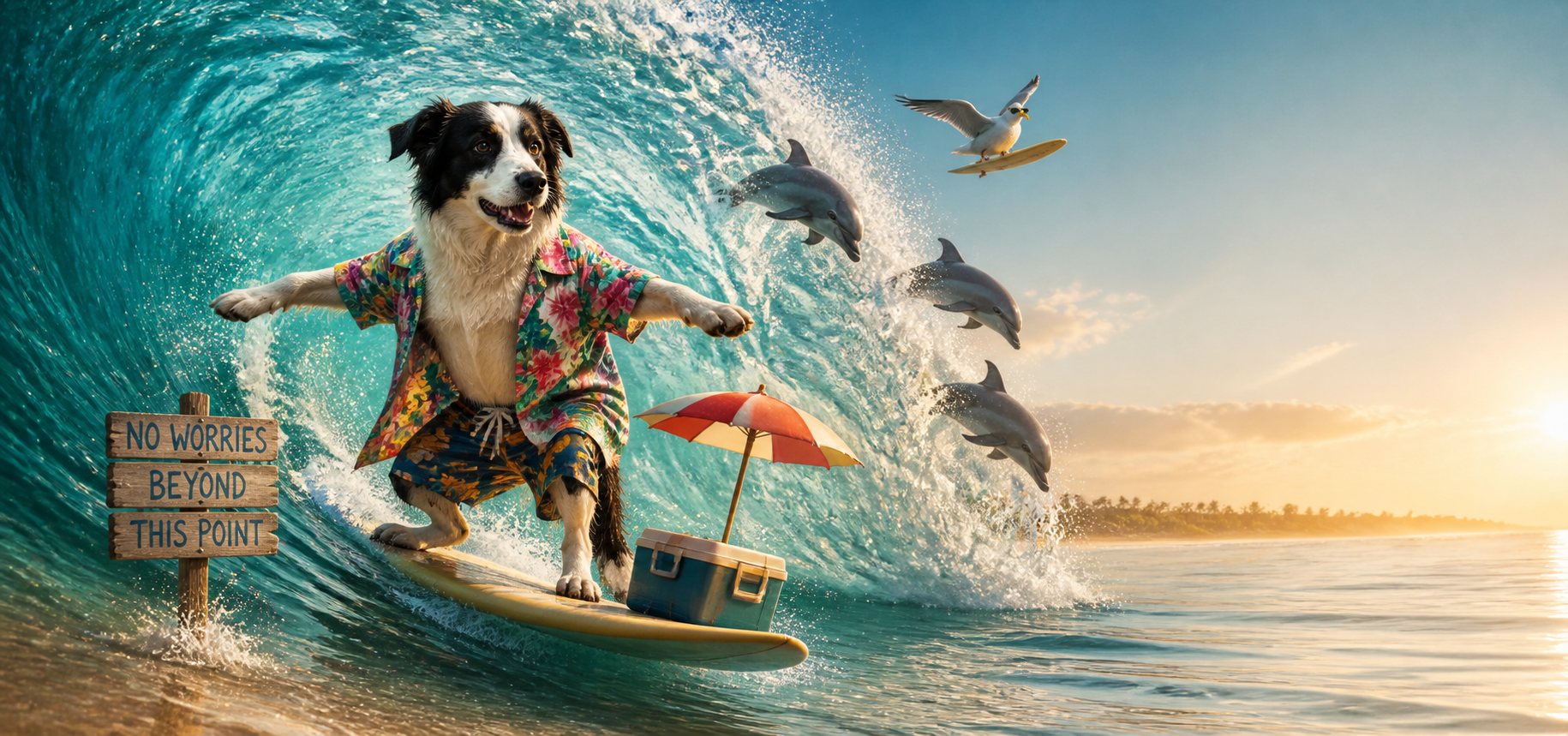 AI-rendered mug design of a dog surfing a big wave in a Hawaiian shirt