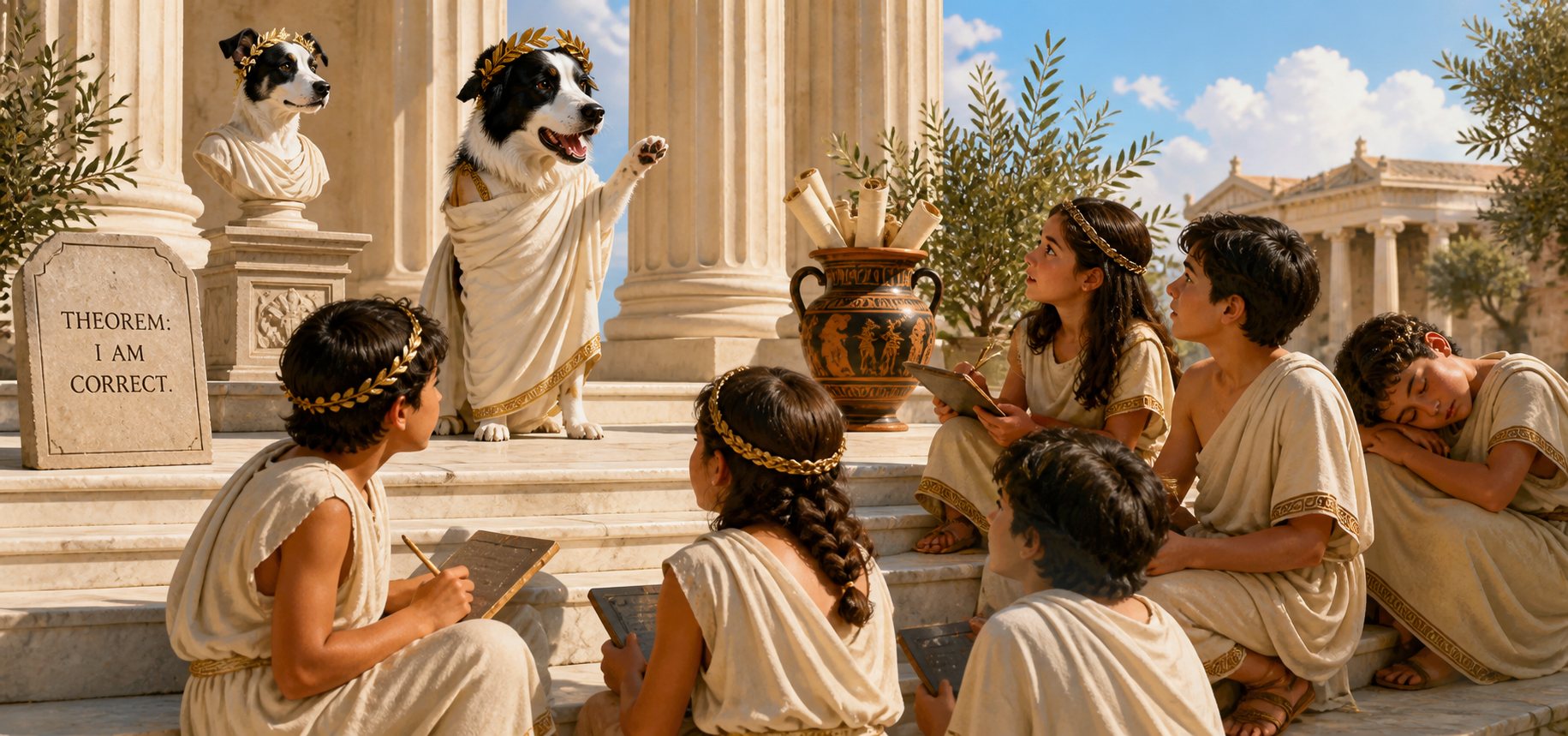 AI-rendered mug design of two dogs dressed as Ancient Greek philosophers teaching students