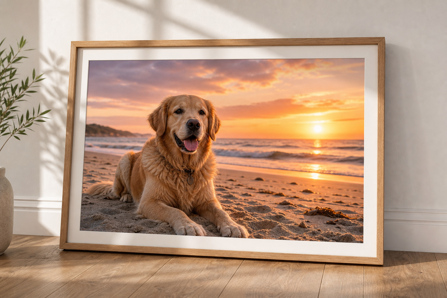 AI-generated framed art of a dog at sunset