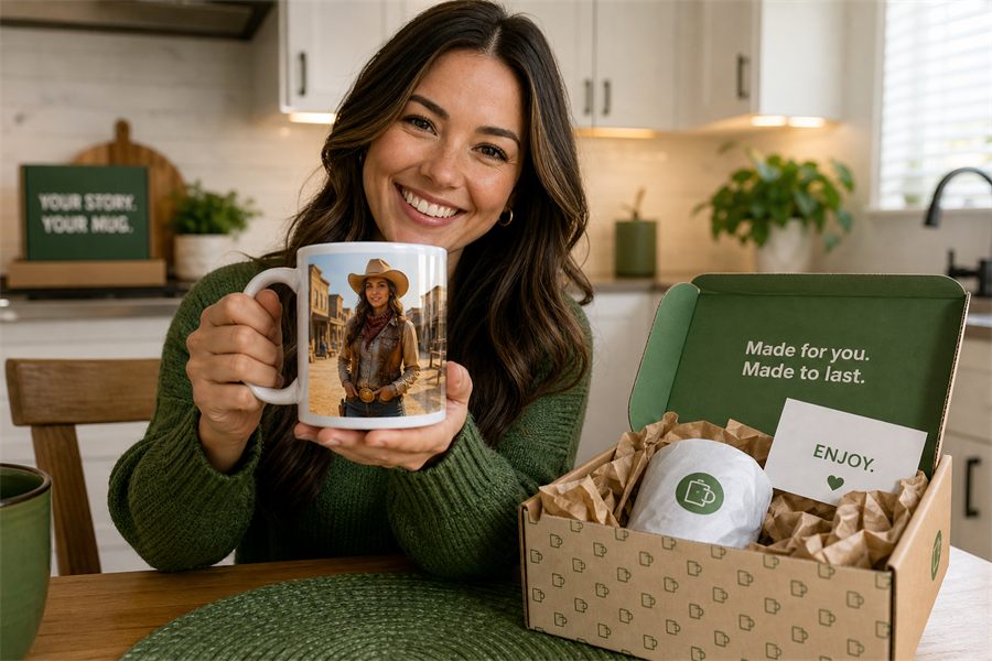 A finished printed mug ready to ship